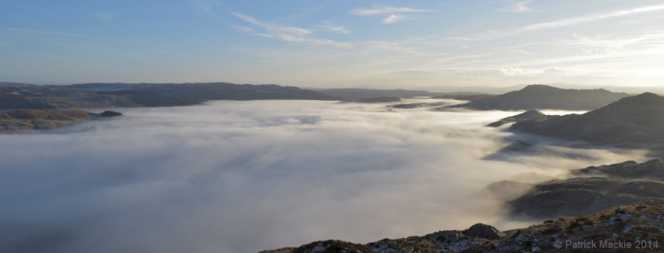 Fog lingering over the glens south of Loch Awe. Home is under there somewhere.